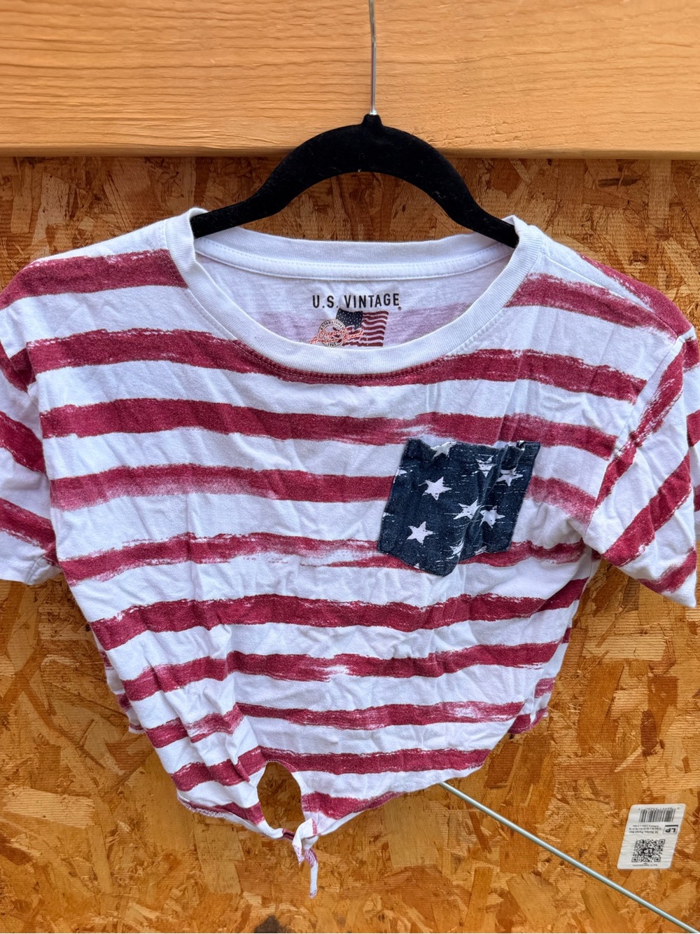 U.S. Vintage Women's Red & White Striped Tie-Front Crop Top with Star Pocket